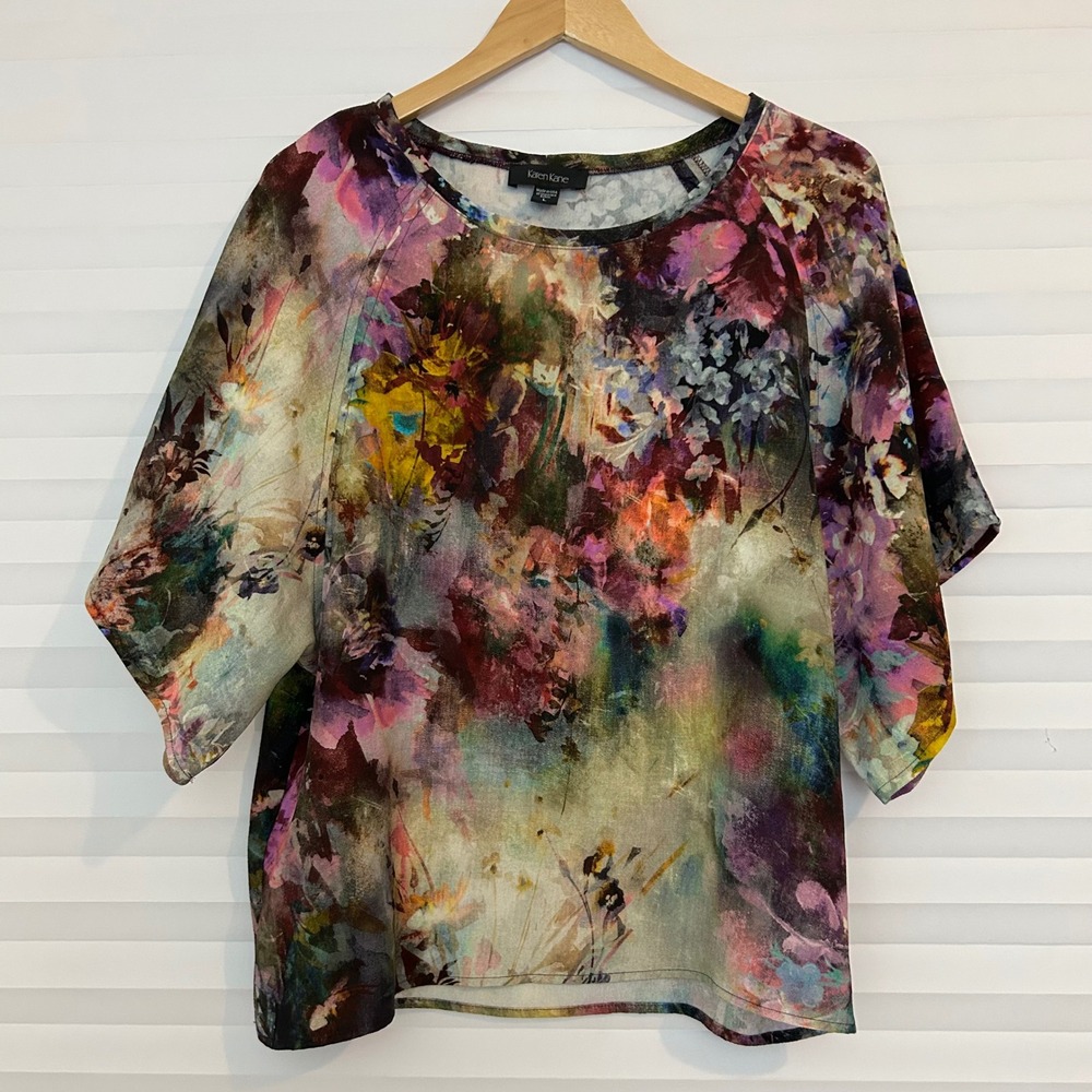 Karen Kane Floral Watercolor Print Blouse Purple Green Gold Size L Artsy Party